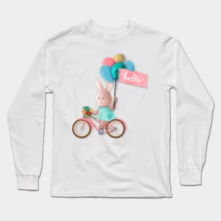 Bunny on Bike with Balloons and Hello Banner Long Sleeve T-Shirt